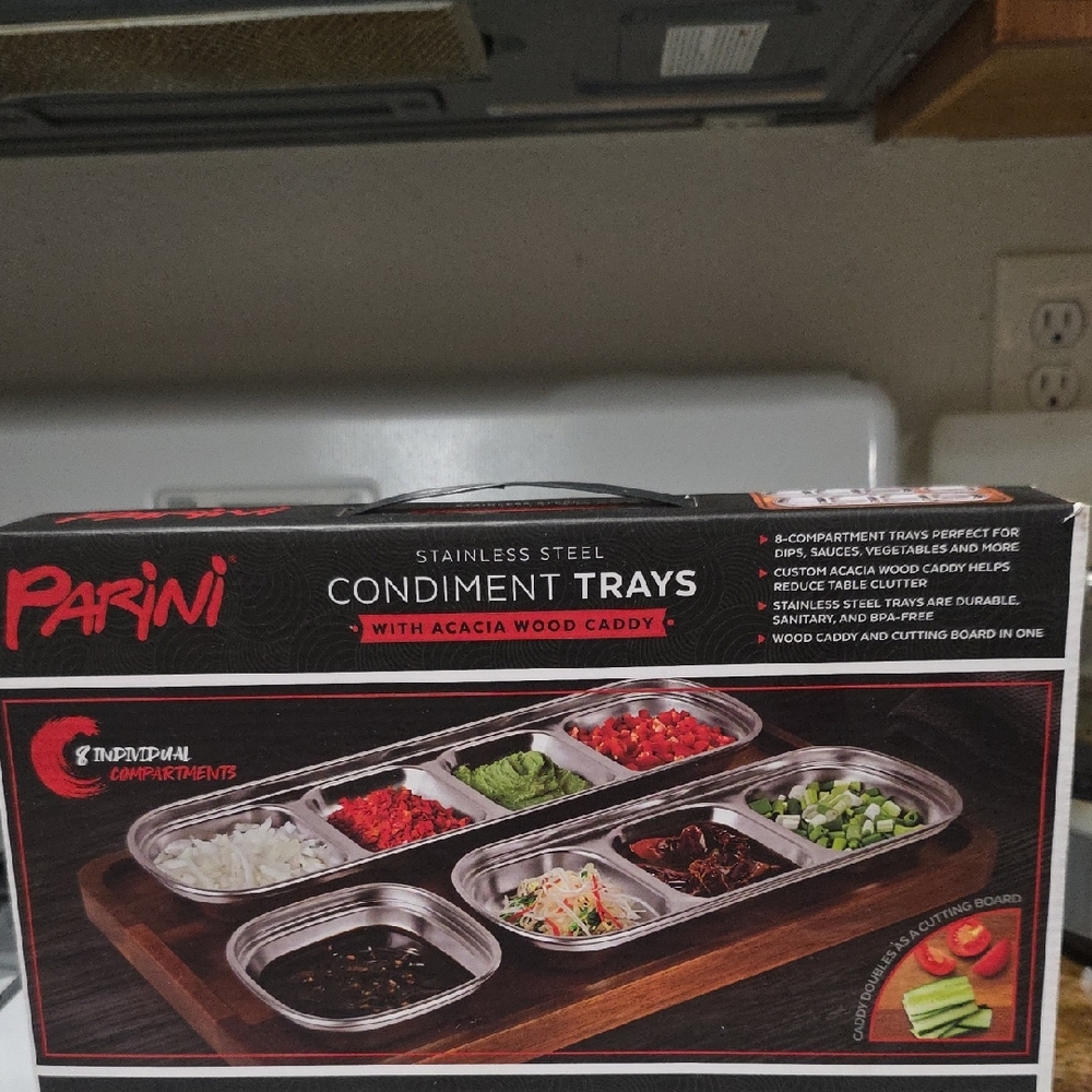 Parini Stainless Steel Condiment Trays with Acacia Wood Caddy